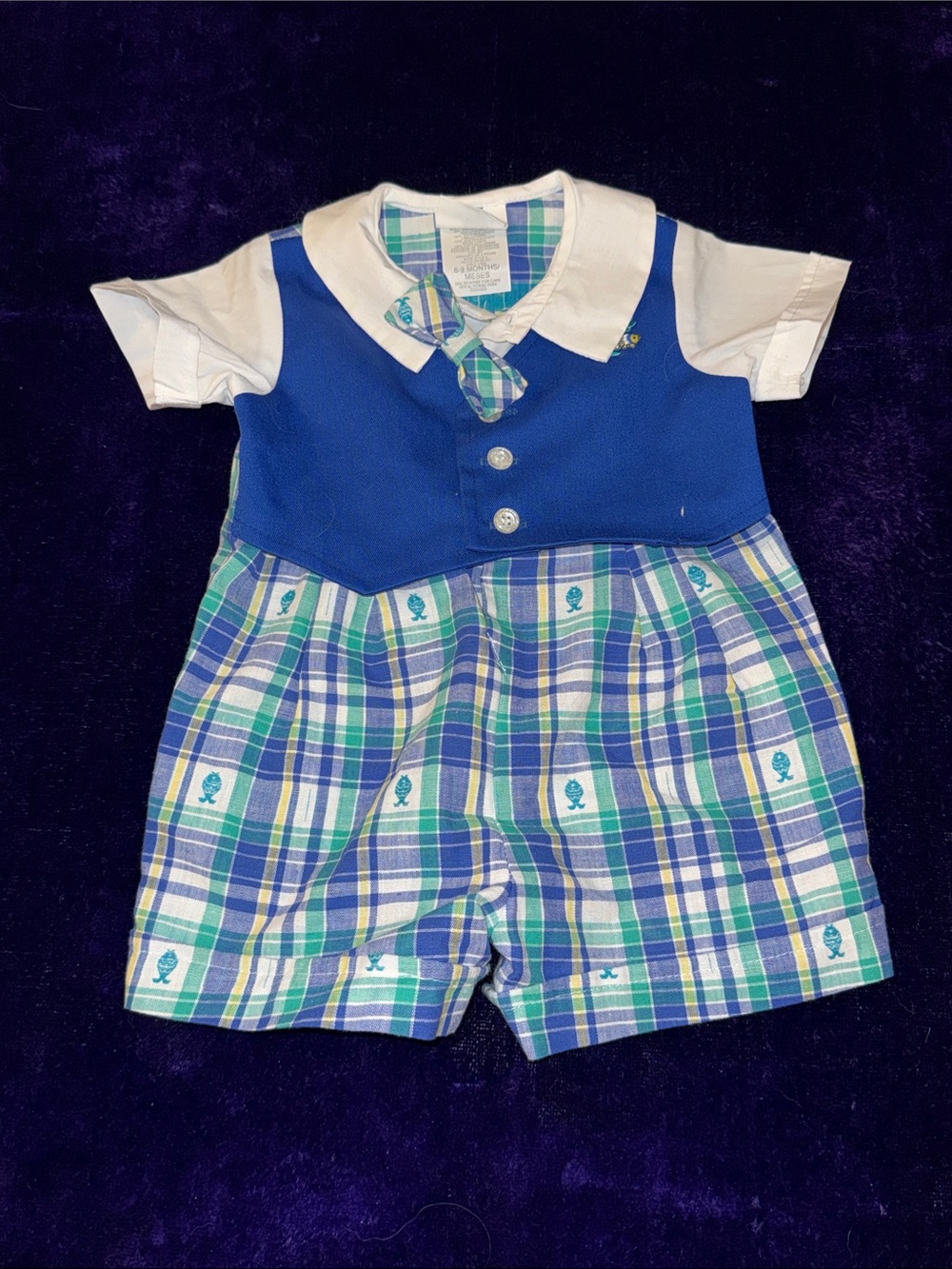 6/9m vintage Blue Plaid Infant Romper with White Collar